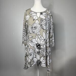 Clara Sun Woo Beige Black White Floral Tunic Top Women’s Size M Asymmetrical Hem